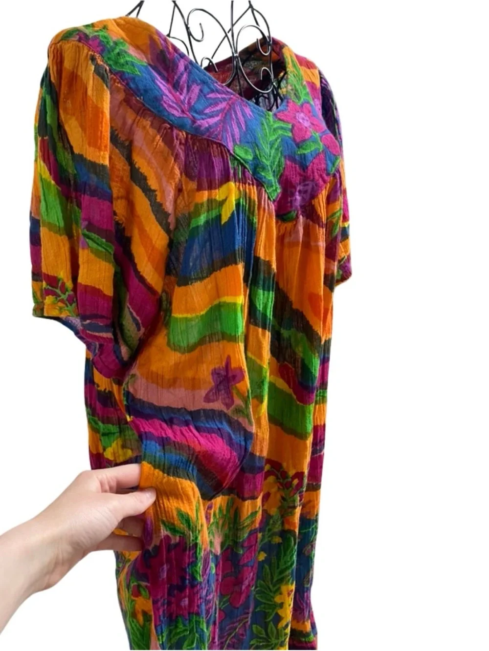 Maxi Kaftan Dress Women Large Cotton Summer Short Sleeve Orange Floral Vibrant - Picture 5 of 7